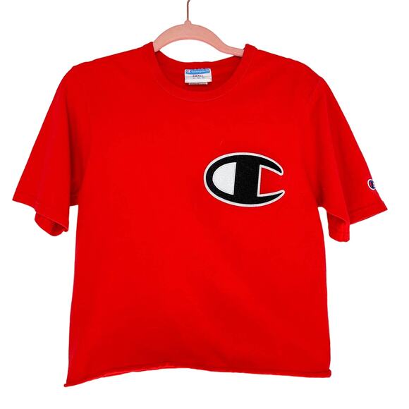 90s Champion T-Shirt Cropped  Red - Picture 1 of 4